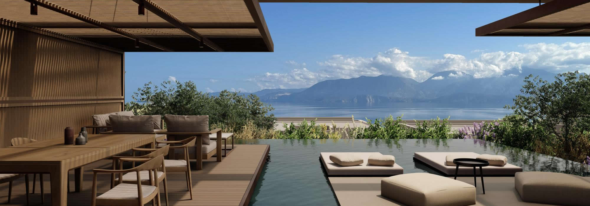 מרפסת עץ עם בריכה ונוף פתוח לים בכרתים, פרויקט מגורים מוגמר