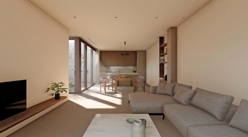 חלל מגורים מודרני ומואר עם עיצוב נקי בפרויקט מגורים בכרתים
